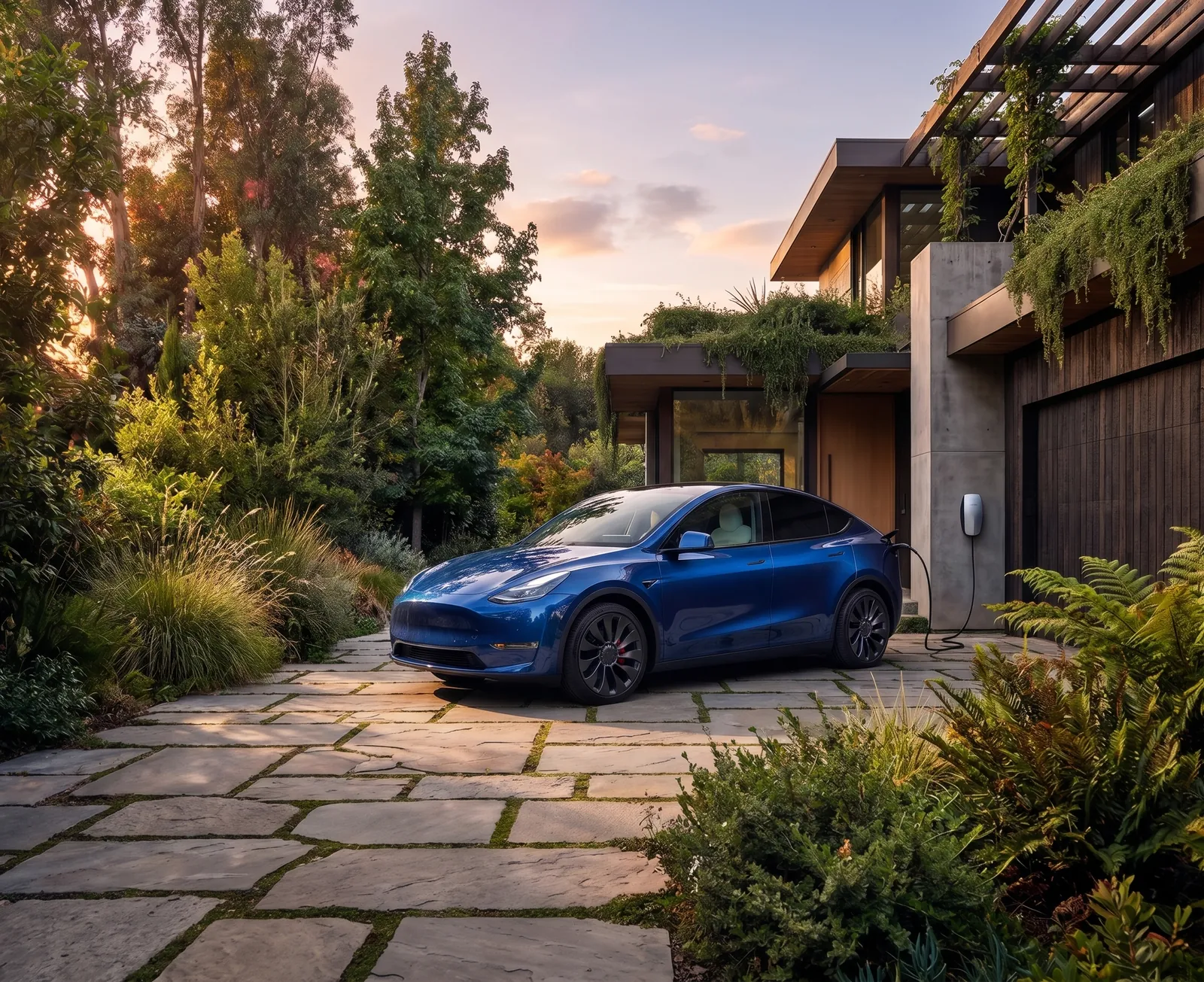 Blue Model Y charging from a wall connector in an open garage at night