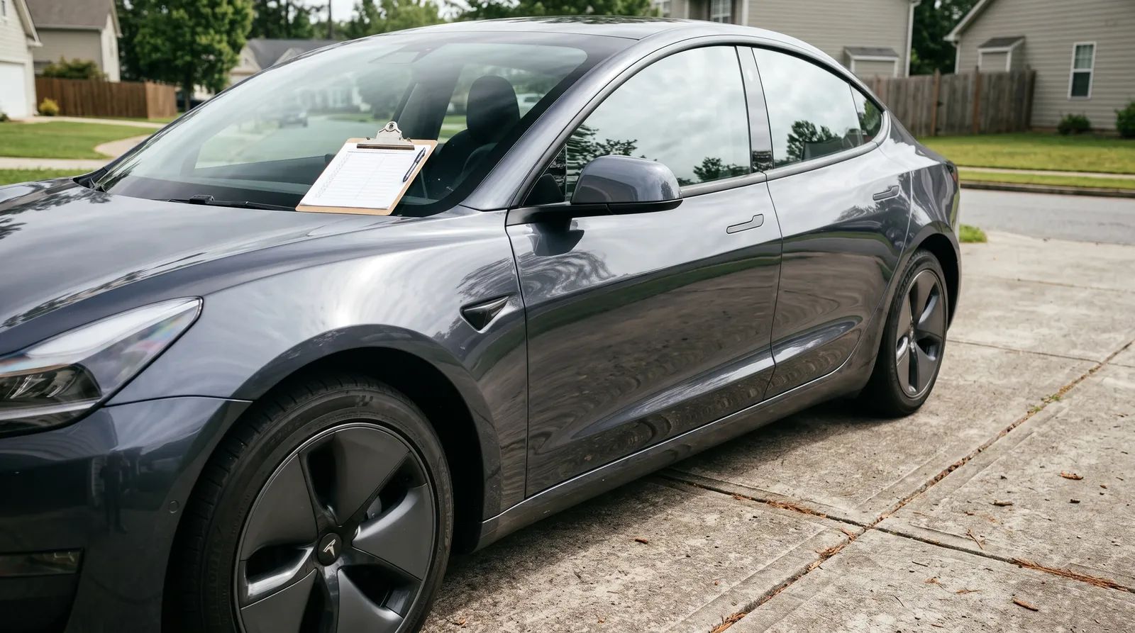 Gray Model 3 in a driveway with a clipboard of notes on the hood