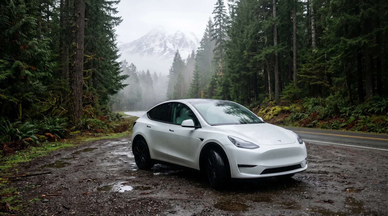 White Model Y parked on wet pavement with Mount Rainier and evergreen forest behind it