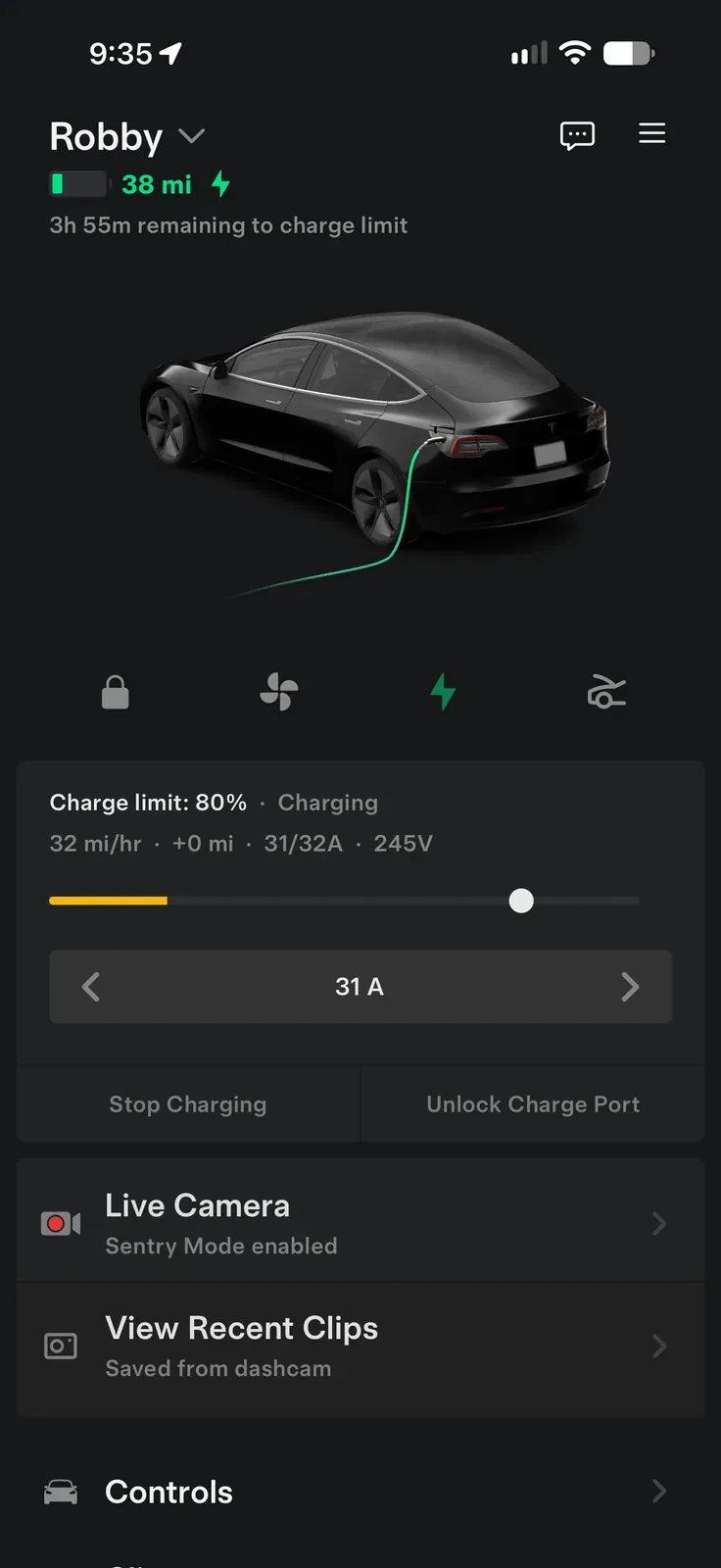 Tesla app showing a Model 3 charging at home with an 80% charge limit