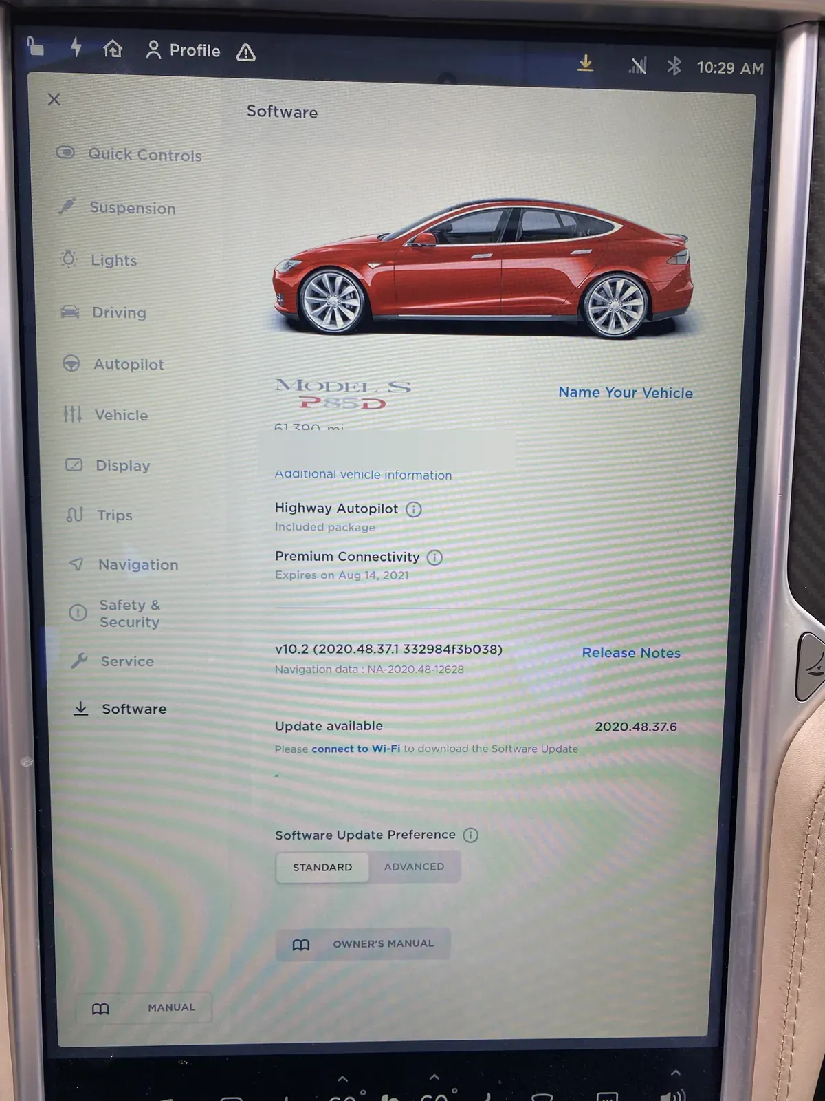 Model S Software screen showing model, mileage, Autopilot package and software version (vehicle ID blurred)