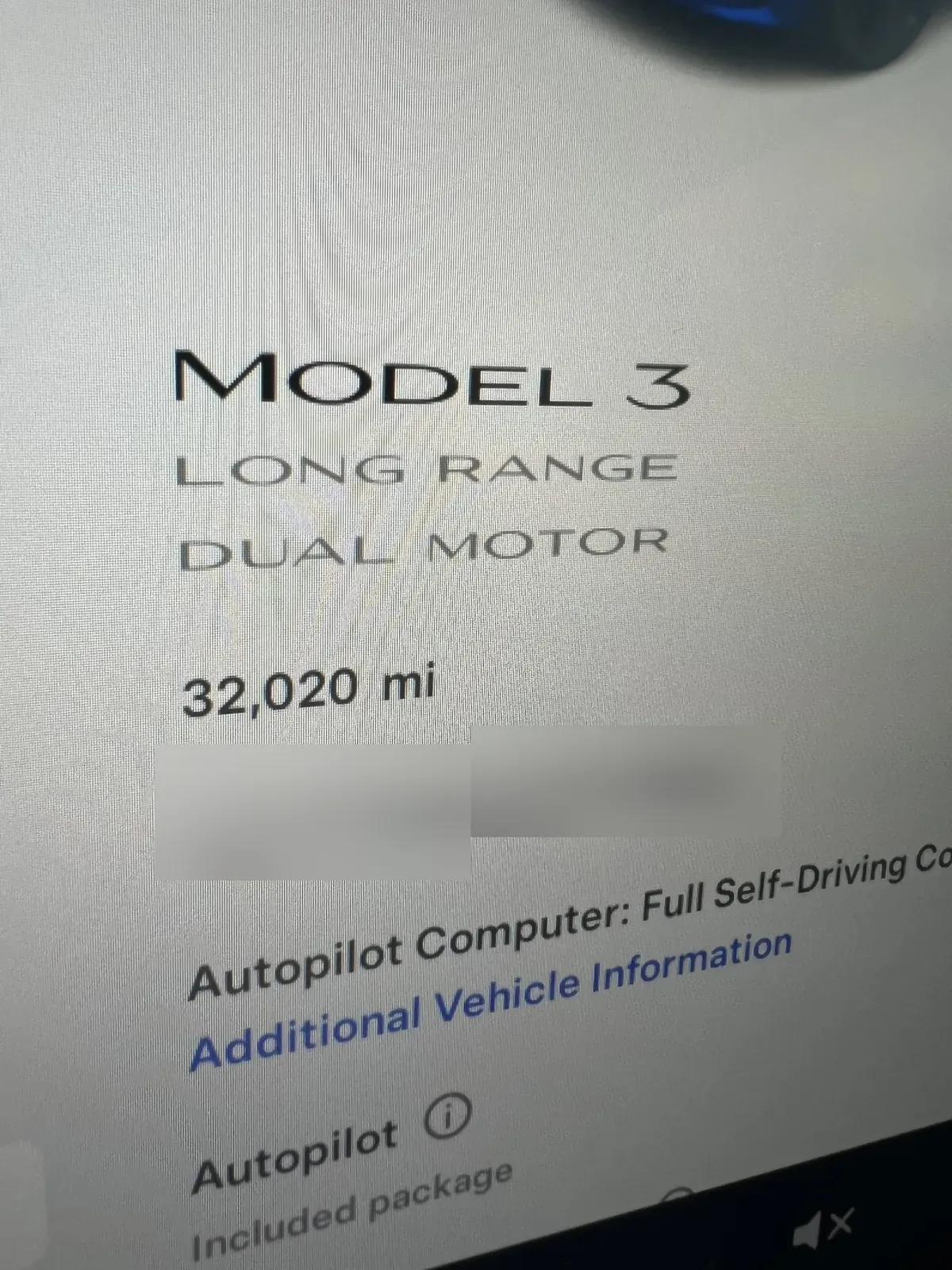 Model 3 Software screen with the Autopilot Computer line and Additional Vehicle Information link (vehicle ID blurred)