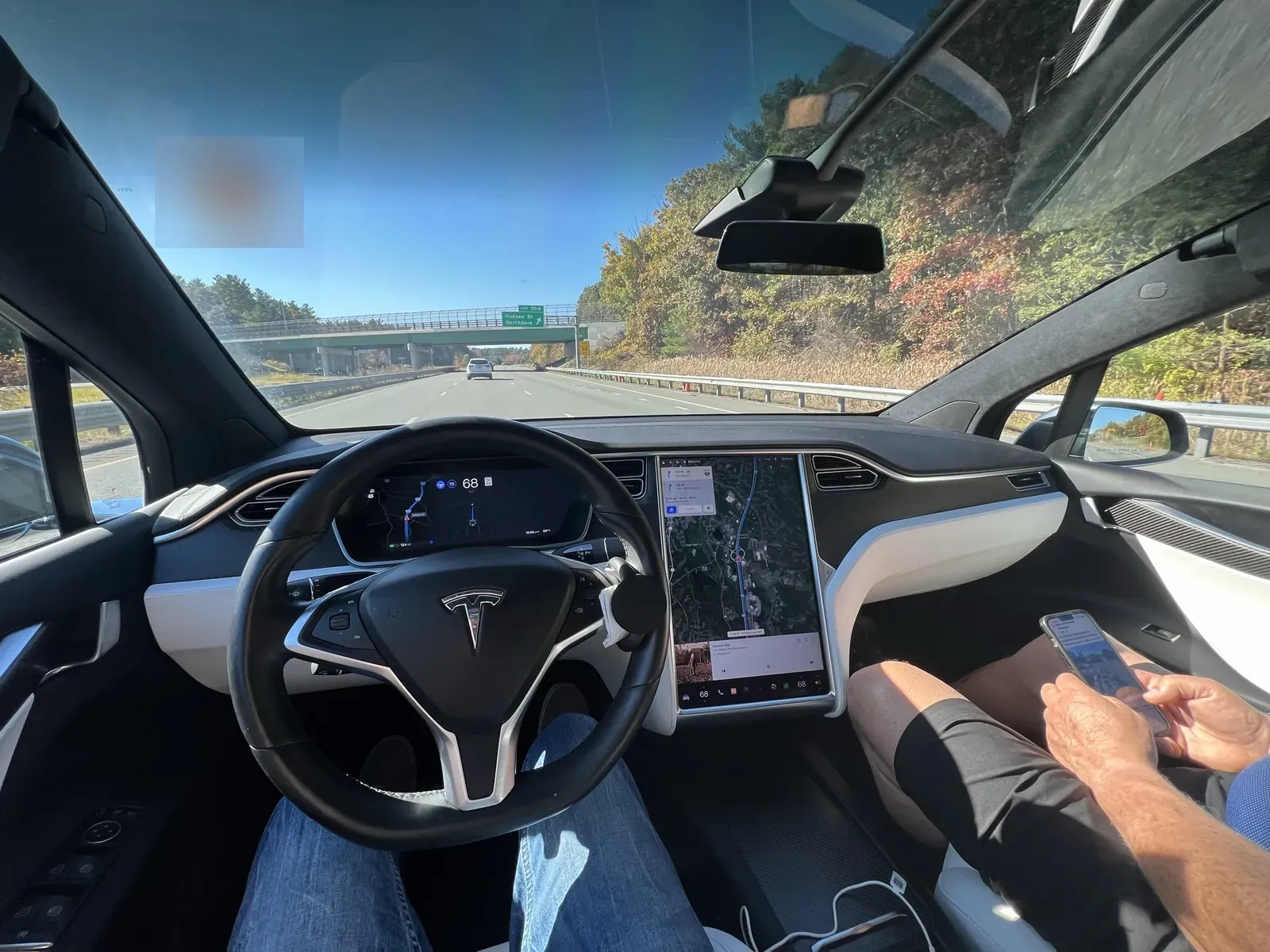 Model X interior on a highway with Autopilot visualization on the instrument cluster